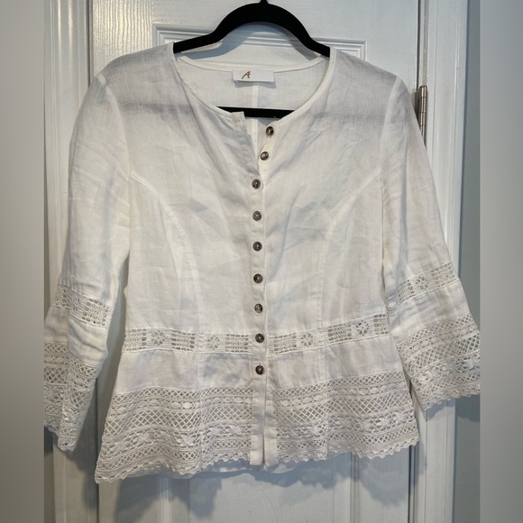 Basset Size S White Linen Lace Fitted Stone Button Front 3/4 Sleeve Top Germany - Picture 1 of 11